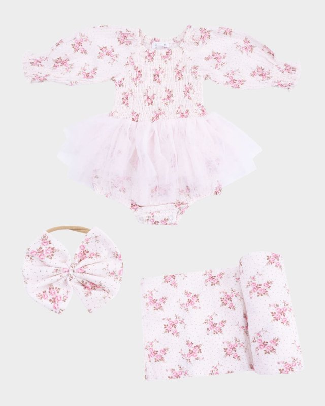 Girl's 3-Piece Belle Rosette Tutu Bodysuit Set, Size 3